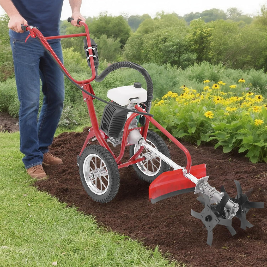 63CC 4-Stroke Gas Powered Tiller Cultivator, 3in1 Hand Push Lawn Mower Trimmer, Hand Push Micro Cultivator Lawn Mower, 4HP Gas Brush Cutter String Trimmer for Mowing, Tilling, and Trenching