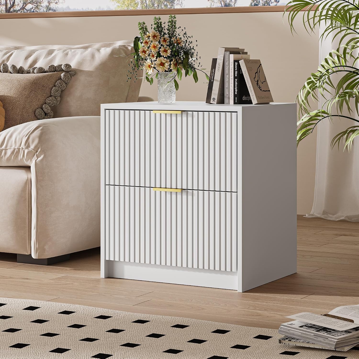 MAISONARIA Fluted Nightstands Set of 2 with 2 Drawers, 19.6' Modern Storage Bedside Table with Golden Metal Handles, Wooden End Table for Bedroom, White