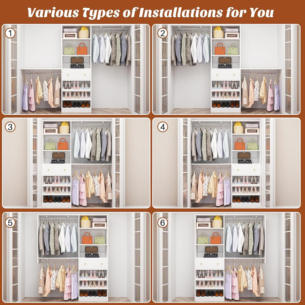 Closet System with Drawer - Reversible 5FT Wood Closet Organizer System with 2 Hanging Rods and Adjustable Shelf, Walk In Closet Organizers with Shoe Rack, Built-In Garment Rack Clothes Rack, White