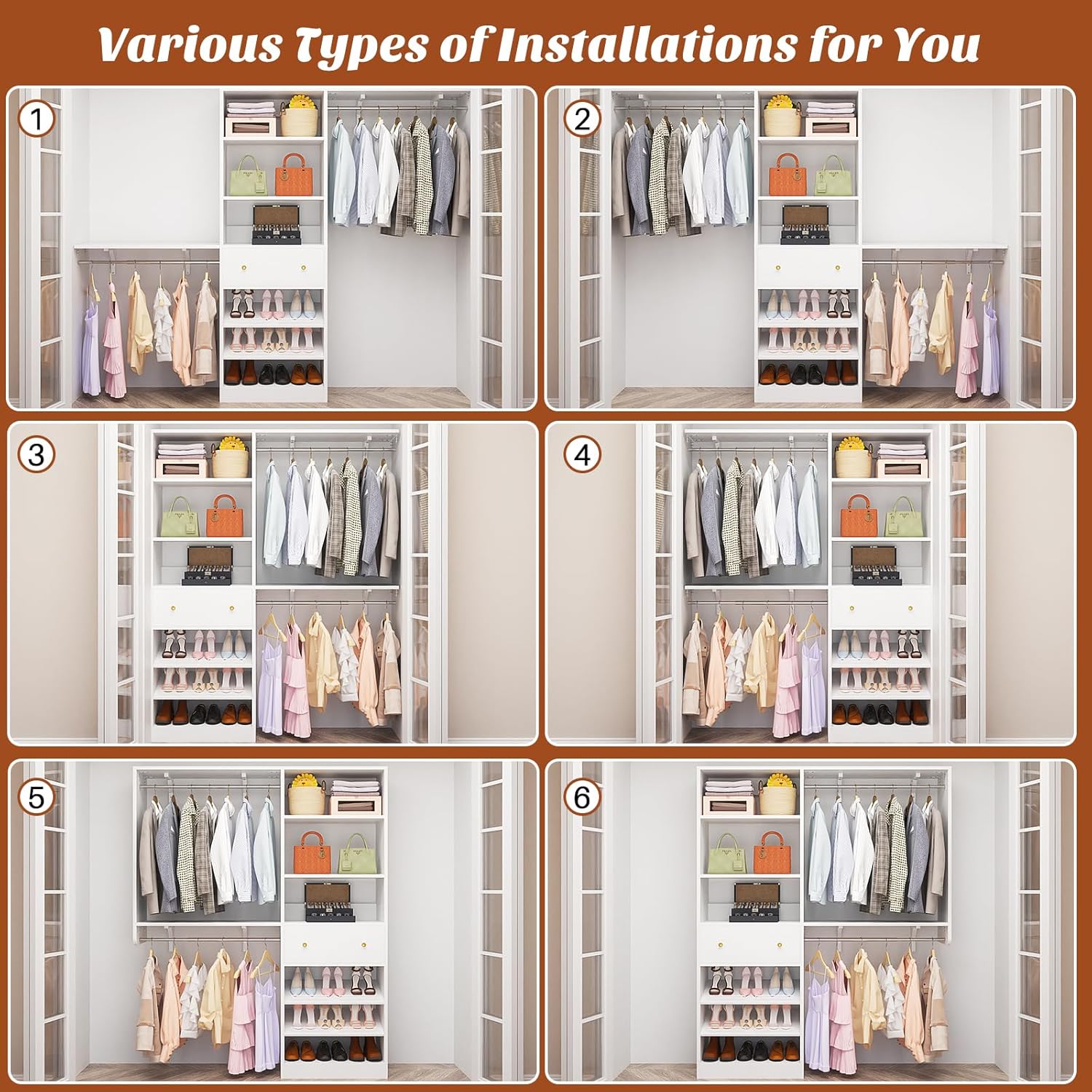 Closet System with Drawer - Reversible 5FT Wood Closet Organizer System with 2 Hanging Rods and Adjustable Shelf, Walk In Closet Organizers with Shoe Rack, Built-In Garment Rack Clothes Rack, White
