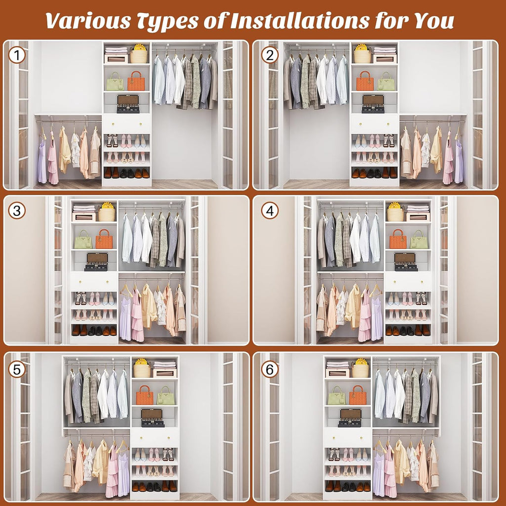 [10 FT Closet System] 120 Inch Reversible Set of 2 Wood Closet Organizer System with 2 Drawers, 4 Hanging Rods Adjustable Shelf, Walk In Closet Organizers with Shoe Rack, Garment Rack, White