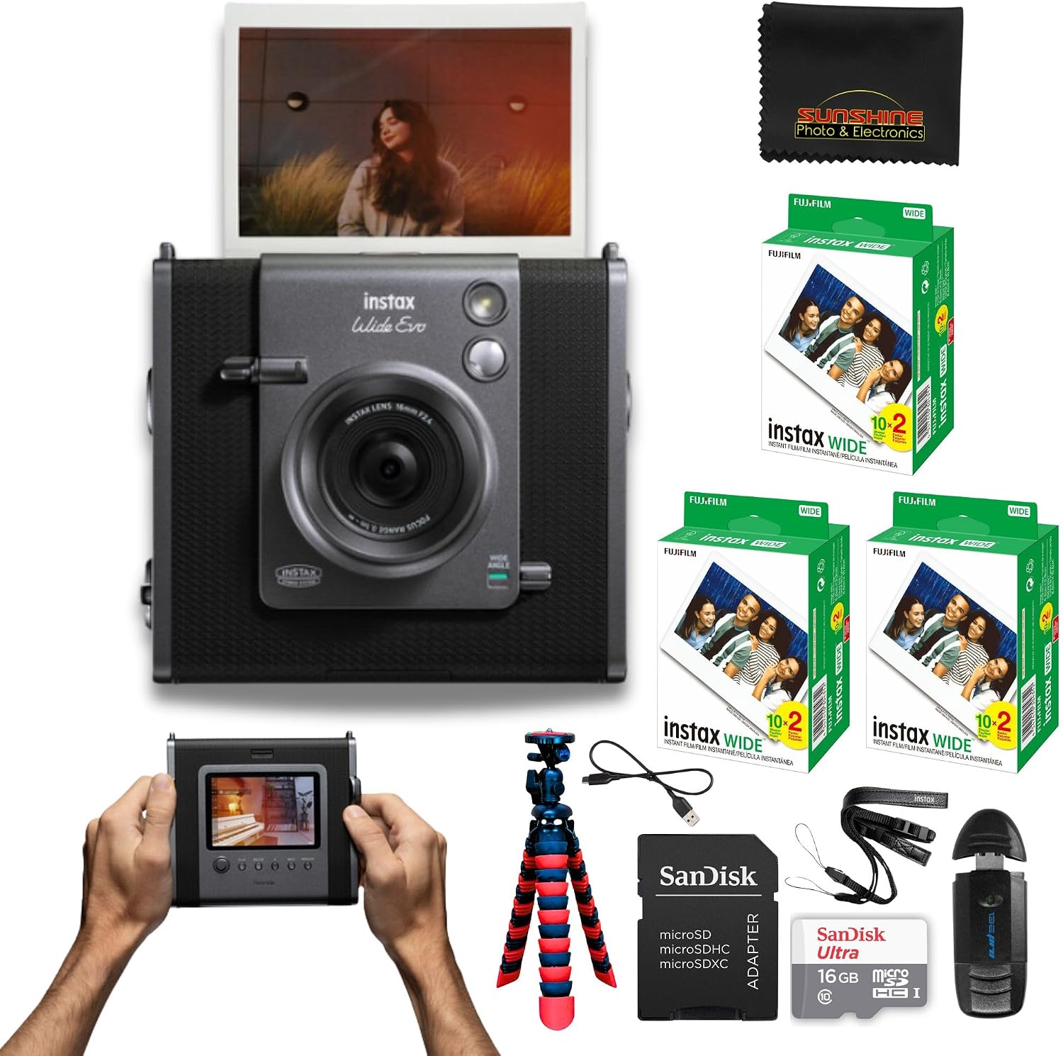 Fujifilm Instax Wide Evo Hybrid Instant Film Camera with 3 Packs Fujifilm Instax Wide Instant Film Twin Pack + 16GB Memory Card + Card Reader + Octo Tripod + Sunshine Photo Microfiber Cleaning Cloth