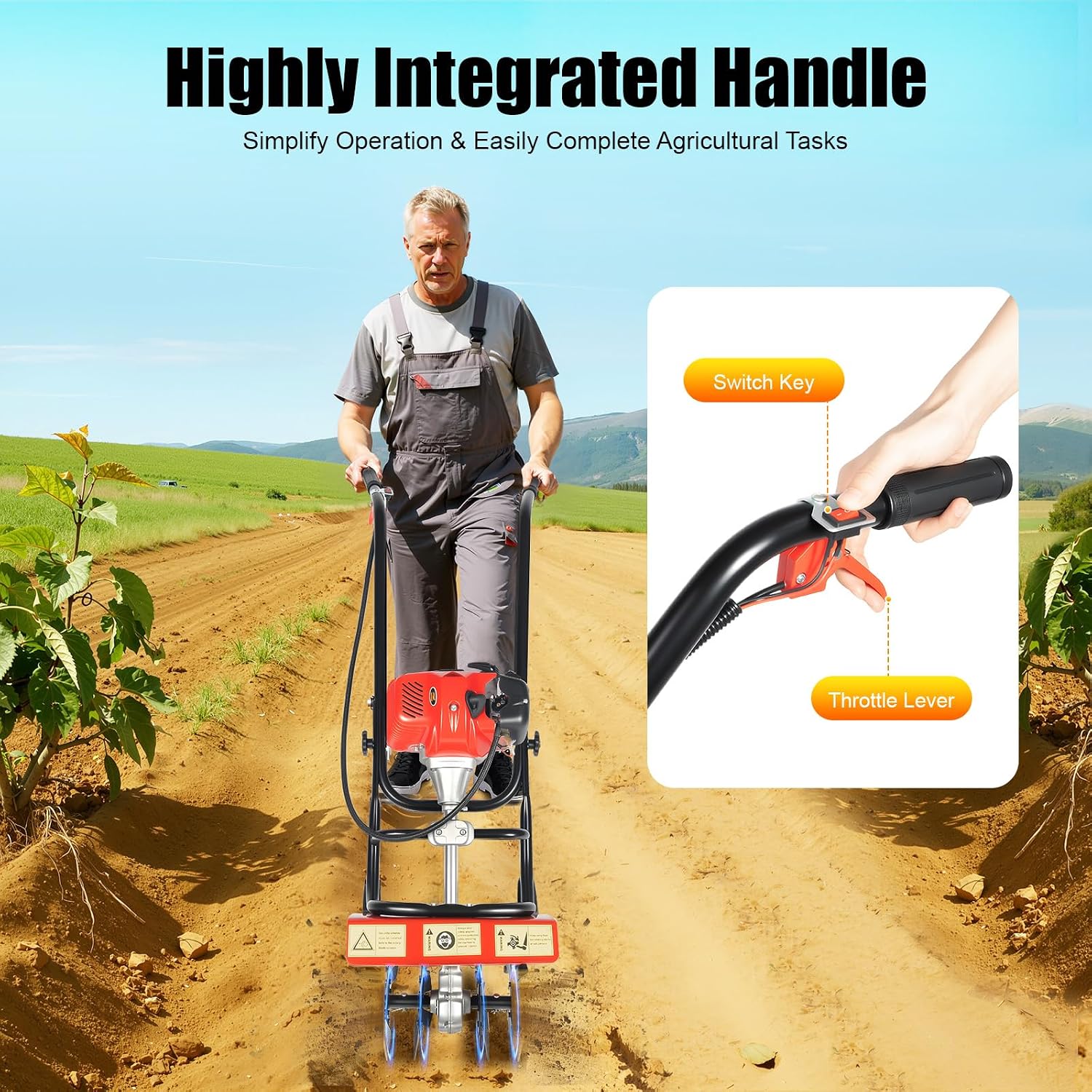 Gas Powered Tiller, 52Cc 2 Stroke Garden Yard Rototiller Tilling Cultivator Heavy Duty Gasoline Tiller with Adjustable Wheels & Long Handle for Plowing Turning Soil Ditching 1900W (52CC 2-Stroke)