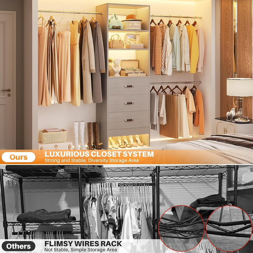 Homieasy 96 Inches Closet Organizer System, 8FT Customizable Walk In Closet Organizer with Hanging Rods, 3 Drawers Garment Rack with Leather Handle , 96' L x 16' W x 75' H, Max Load 1000 LBS, Grey