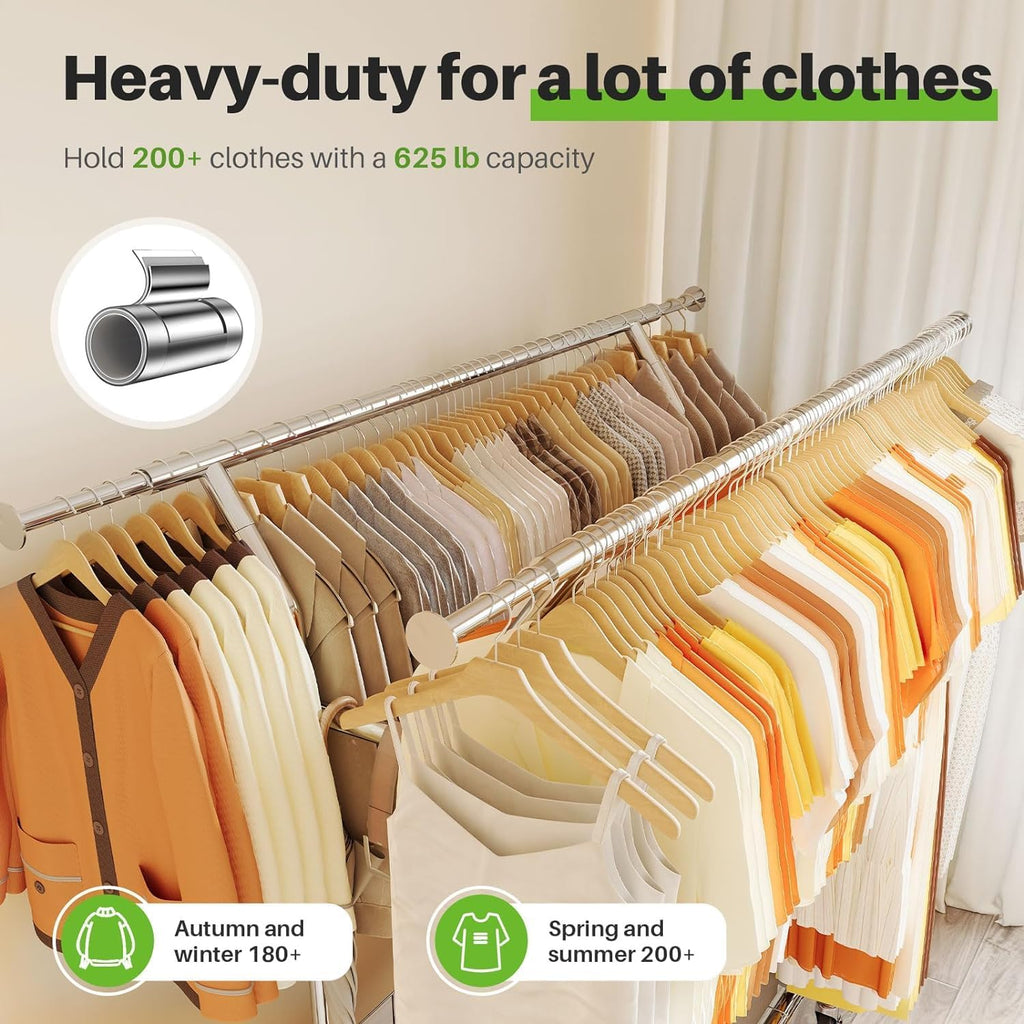 HOKEEPER Clothing Rack Heavy Duty Clothes Rack for Hanging Clothes Adjustable Clothes Rack with Metal Basket, Commercial Double Rod Garment Rack with Wheels for Bed Room Living Room Laundry