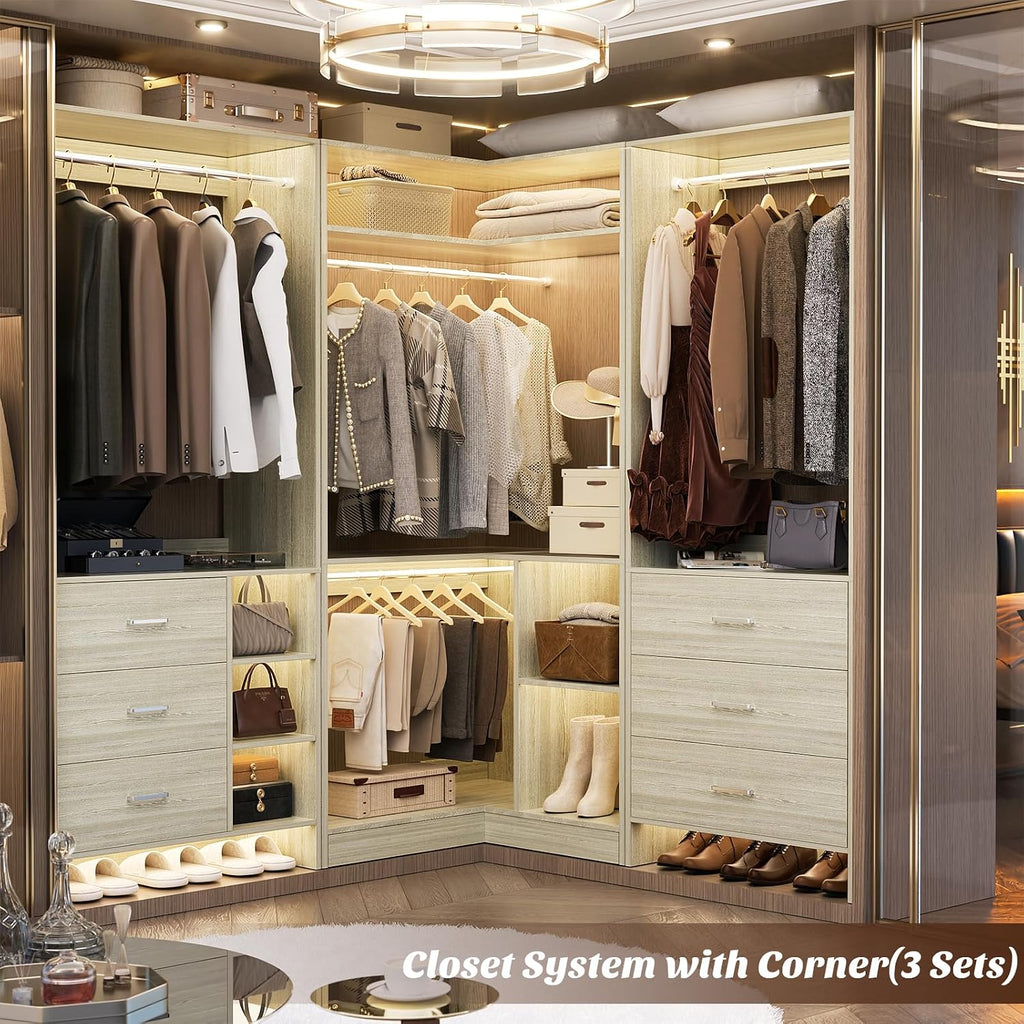 Aheaplus Corner Closet System with Shelves, 34'' Closet Organizer System with Hanging Rods, Wood Walk-in Closets for Corner Small Space,Freestanding Corner Tower, L Shaped Garment Rack, White Oak