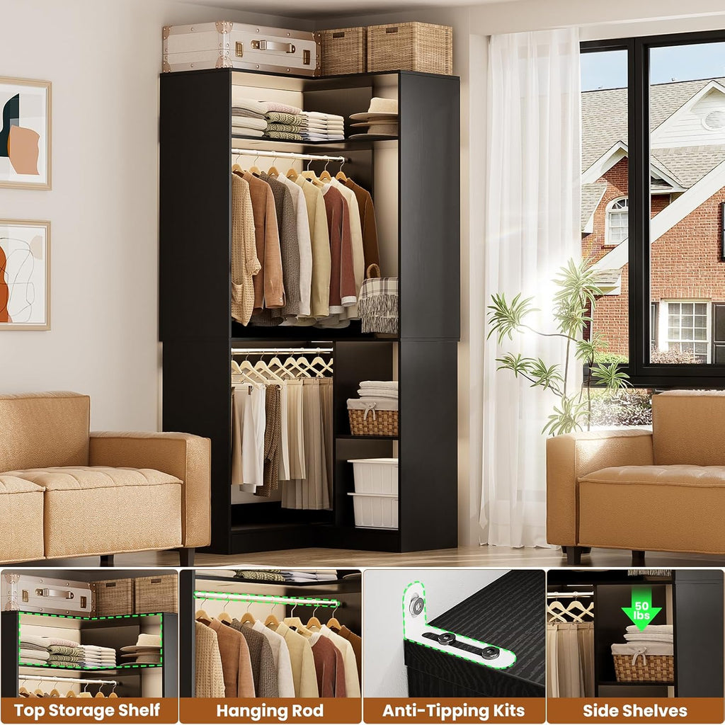 Aheaplus Corner Closet System with Shelves, Closet Organizer System with Hanging Rods, Wood Walk-in Closets for Corner Small Space, L Shaped Garment Rack, -B3, Black