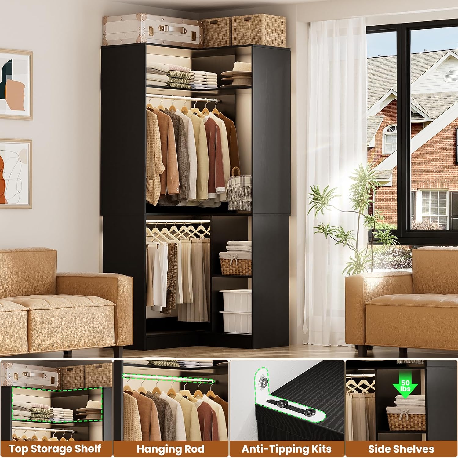 Aheaplus Corner Closet System with Shelves, Closet Organizer System with Hanging Rods, Wood Walk-in Closets for Corner Small Space, L Shaped Garment Rack, -B3, Black