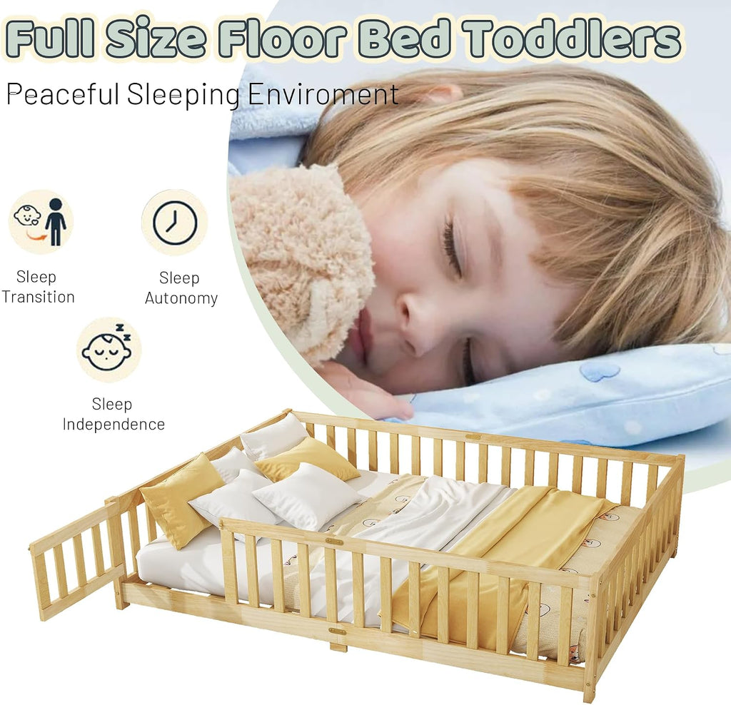 Full Floor Bed with Safety Guardrails for Kids, Rubber Wood Montessori Bed with Slats and Convertible Door,Full Size Bed Frame for Girls and Boys,No Box Spring Needed,Natural
