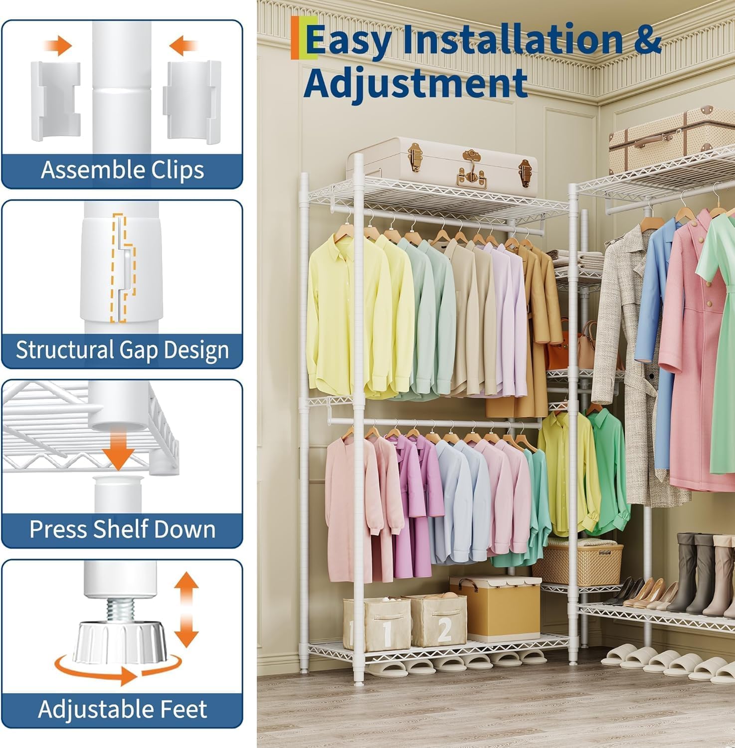 Heavy Duty L-Shaped Freestanding Clothes Rack - Portable Metal Wardrobe Organizer - 4 Hanging Rods & 7 Adjustable Shelves - 1870 lbs Capacity - Corner Closet Storage for Bedroom, Cloakroom -