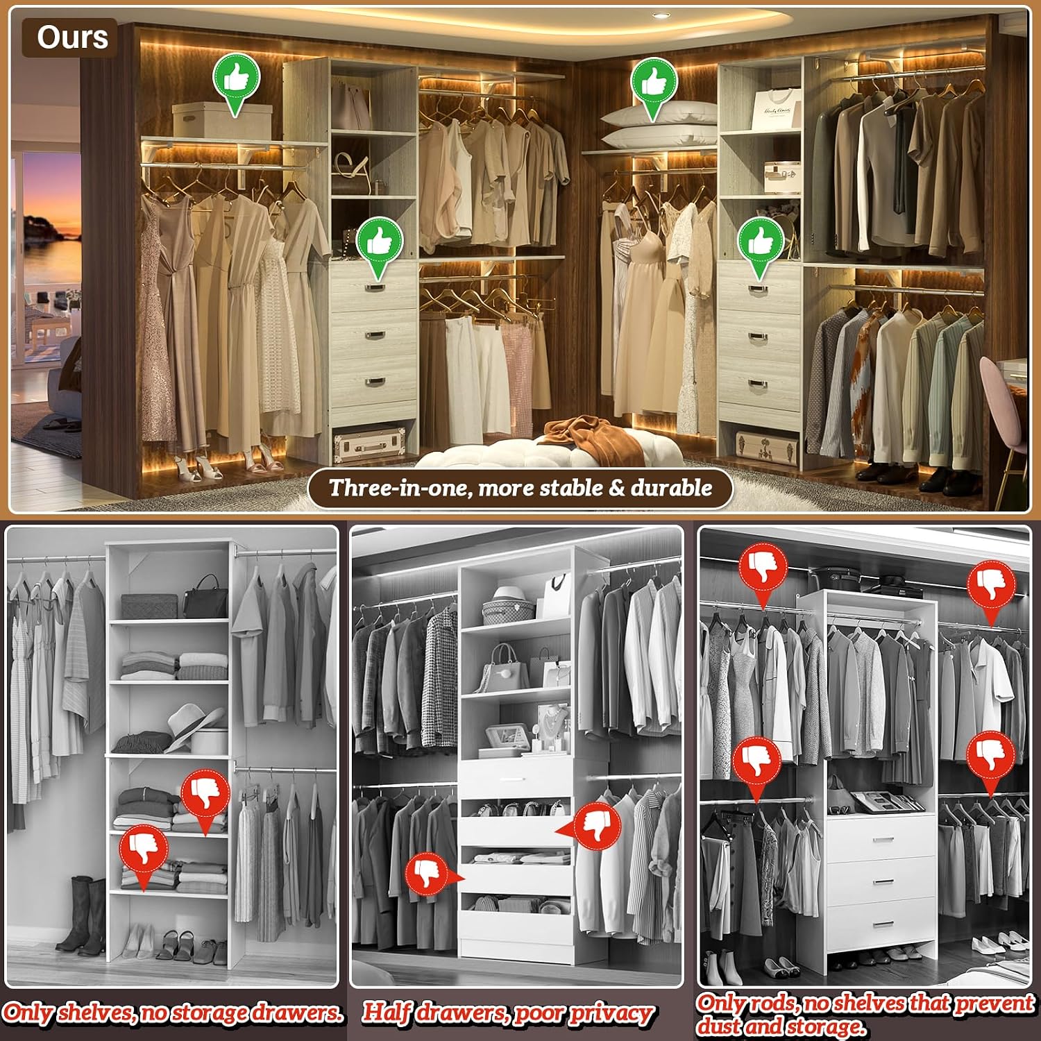 iSunirm 8FT Closet System, 96'' Closet Organizer System with 3 Hanging Rods, Wall Mount Bedroom Wardrobe with 3 Drawers Walk-in Closet, Adjustable Garment Rack from 5 to 8FT(Cut to Fit), White Oak