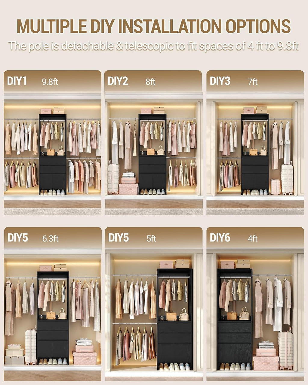 Hzuaneri Closet System with 2 Drawers, Walk-in Closet Organizer System Wooden Storage Systems with 4 Hang Rods & Shoe Cabinet, Wardrobe Clothes Rack Garment Rack Fits Spaces 6-10 ft, Black MC00104B