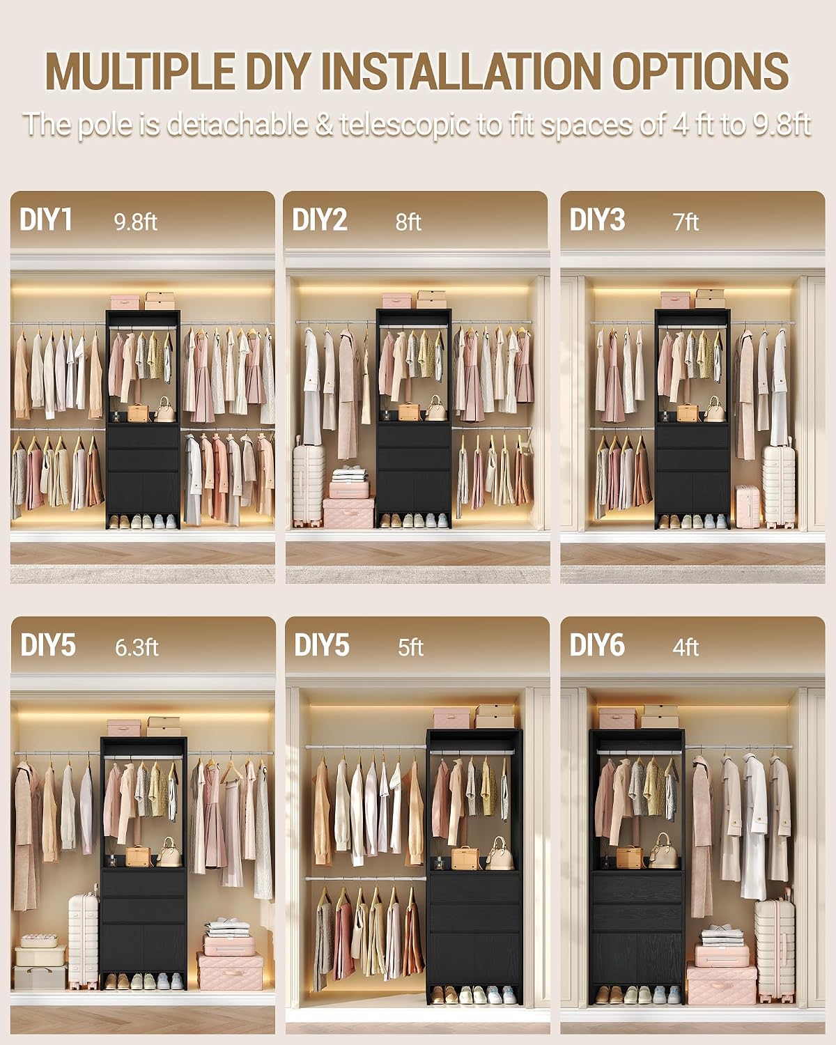 Hzuaneri Closet System with 2 Drawers, Walk-in Closet Organizer System Wooden Storage Systems with 4 Hang Rods & Shoe Cabinet, Wardrobe Clothes Rack Garment Rack Fits Spaces 6-10 ft, Black MC00104B