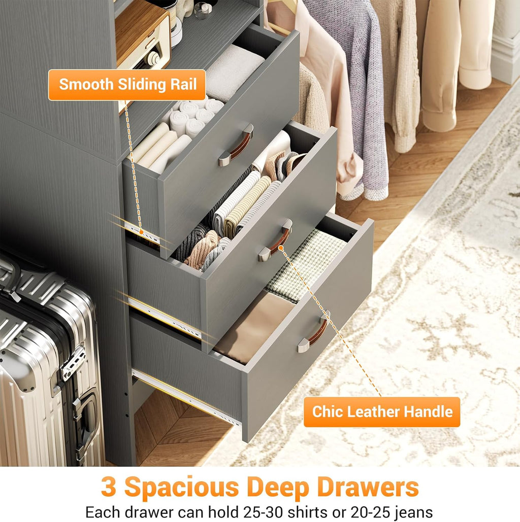 Homieasy 96 Inches Closet Organizer System, 8FT Customizable Walk In Closet Organizer with Hanging Rods, 3 Drawers Garment Rack with Leather Handle , 96' L x 16' W x 75' H, Max Load 1000 LBS, Grey