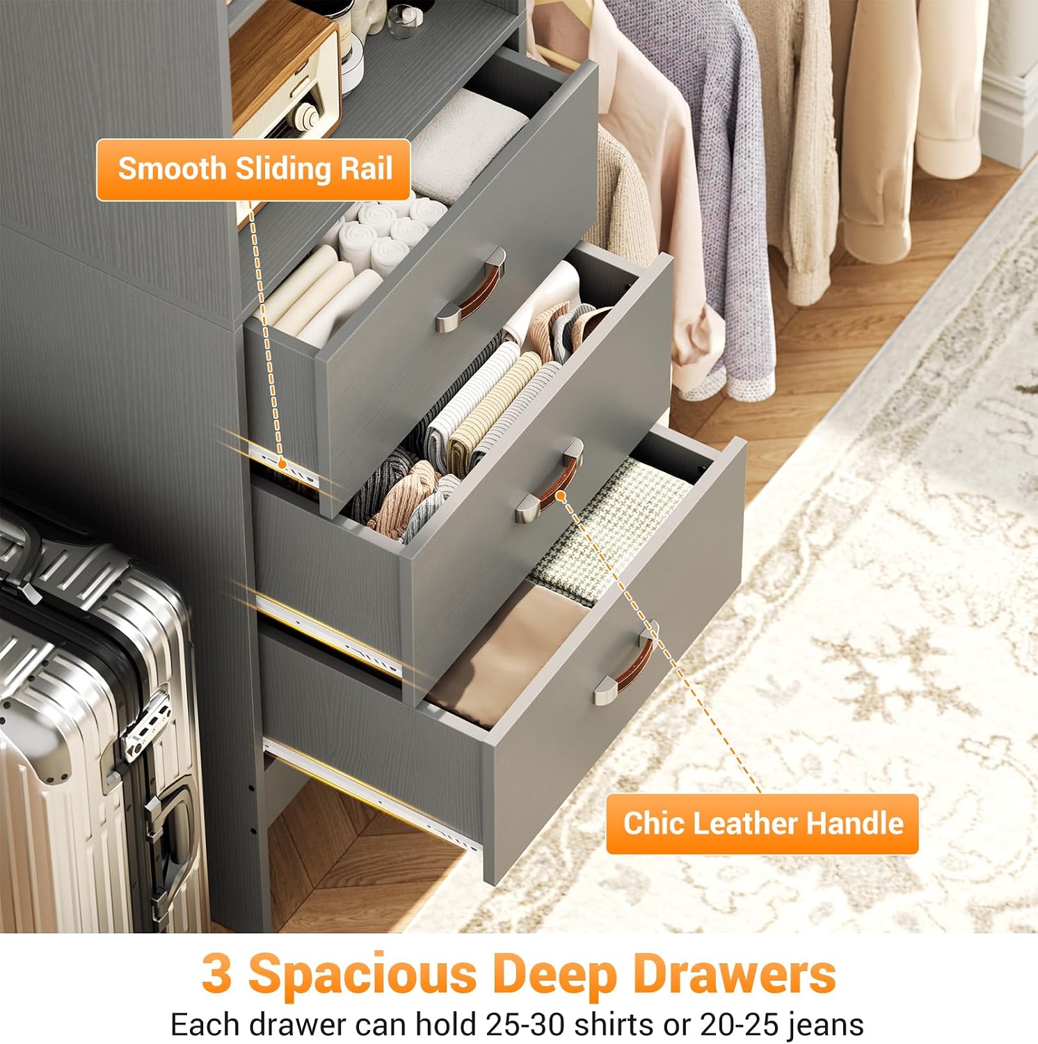 Homieasy 96 Inches Closet Organizer System, 8FT Customizable Walk In Closet Organizer with Hanging Rods, 3 Drawers Garment Rack with Leather Handle , 96' L x 16' W x 75' H, Max Load 1000 LBS, Grey