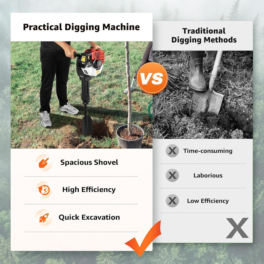 52CC Gas Power Excavator, 2 Stroke Garden Tree Digger with Wide Shovel Gas Ground Drilling Machine for Fence Tree Ball Lifting, Planting Bedding Earth Auger Post Hole