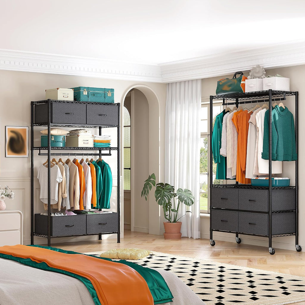 Raybee Rolling Clothes Rack for Hanging Clothes, Clothing Rack with 4 Fabric Drawers and Wheels, Portable,Adjustable,Sturdy,Black