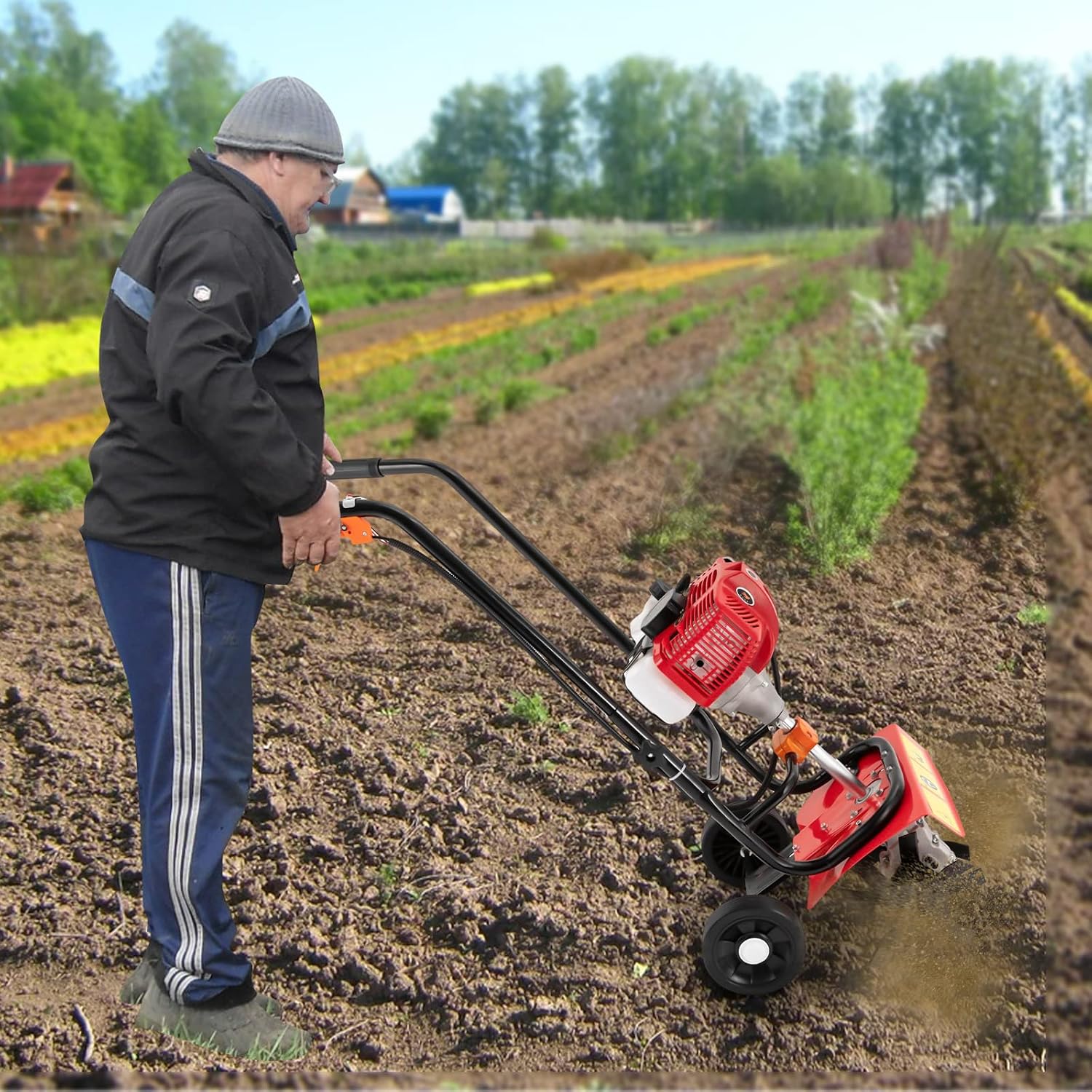 52CC 2-Stroke Gas Tiller and Cultivator, 1.9KW (2.5HP) Handheld Rotary Tiller with 0.2Gal Fuel Tank,Cordless Garden Rototiller with Long Handle, 2800-3200RPM