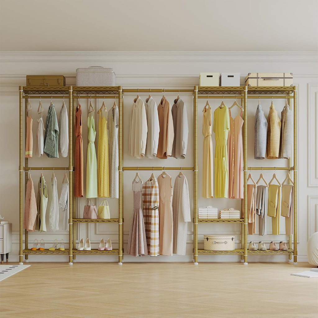 Higeego H5 Pro Heavy Duty Clothes Rack Wardrobe Closet for Hanging Clothes, Freestanding Garment Rack with Expandable Hanger Rods, Closet Organizer and Storage, (97.7-115.4')L x 15.7'W x 75.4'H, Gold