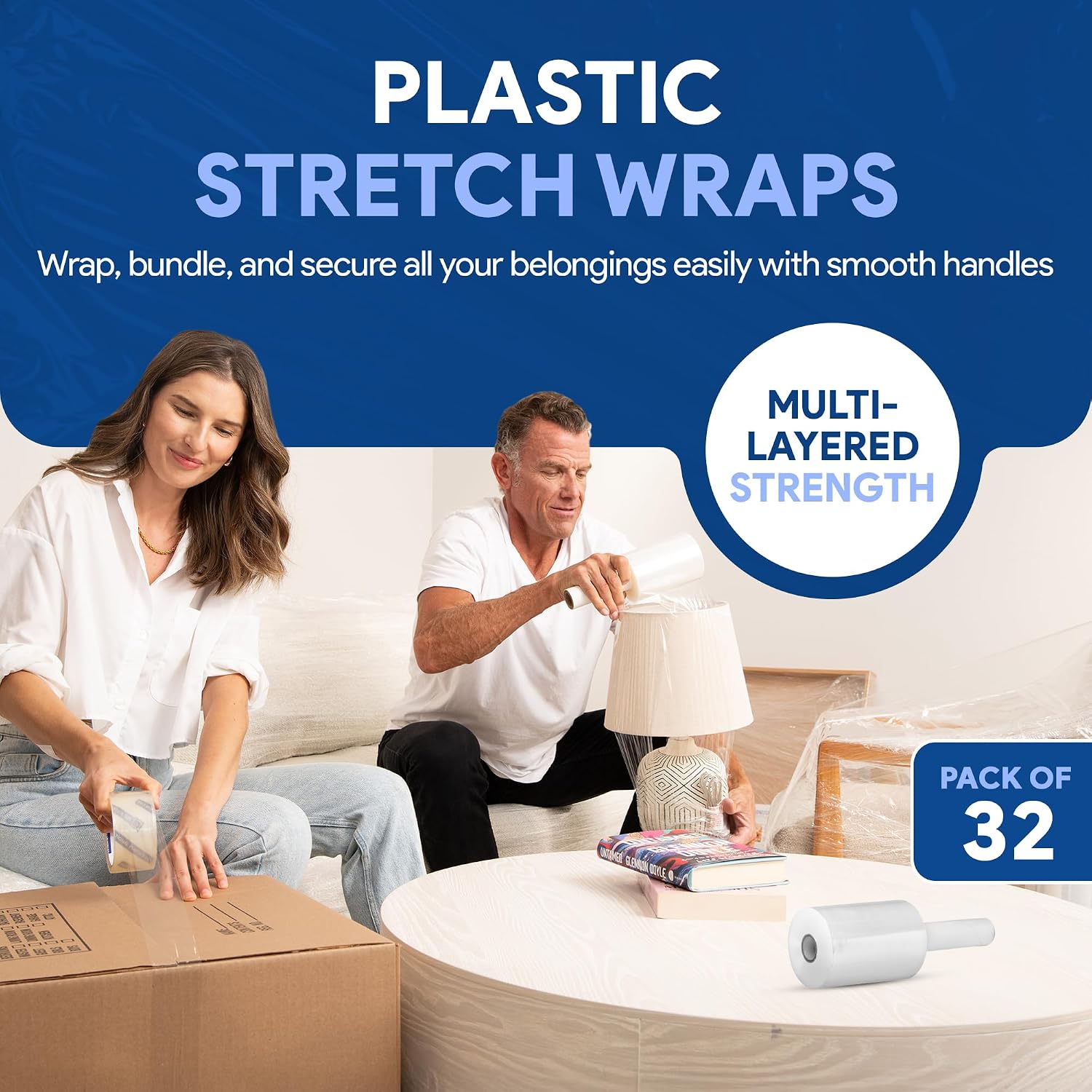 International Plastics Co. 18' Plastic Stretch Film/Wrap 1200ft 500% Stretch Clear Cling Durable Adhering Packing Moving Packaging Heavy Duty Shrink (5' Products, 32 Pack)