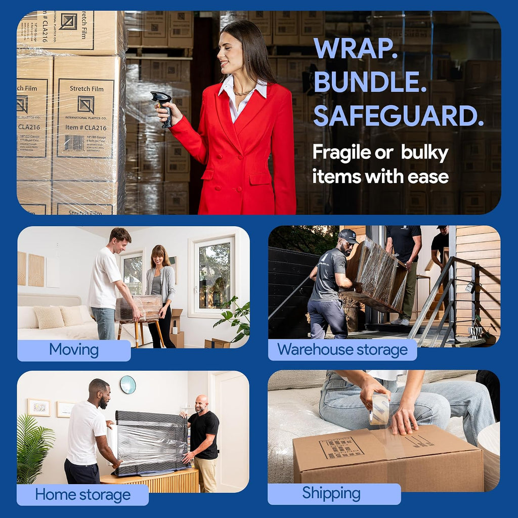 International Plastics Co. 18' Plastic Stretch Film/Wrap 1200ft 500% Stretch Clear Cling Durable Adhering Packing Moving Packaging Heavy Duty Shrink (18' - 17' Styles, 8 Pack)