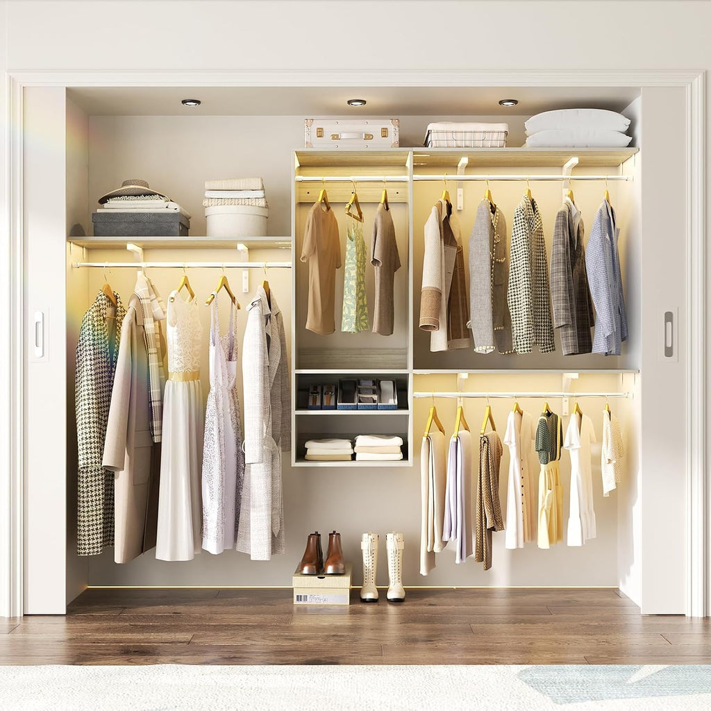 8FT Hanging Closet System, 96 Inch Closet Organizer System with Hanging Rod, Walk In Mounted Closet System, Built-In Clothes Garment Rack with 3 Shelving Towers(Can Be Cut To Fit), Oak