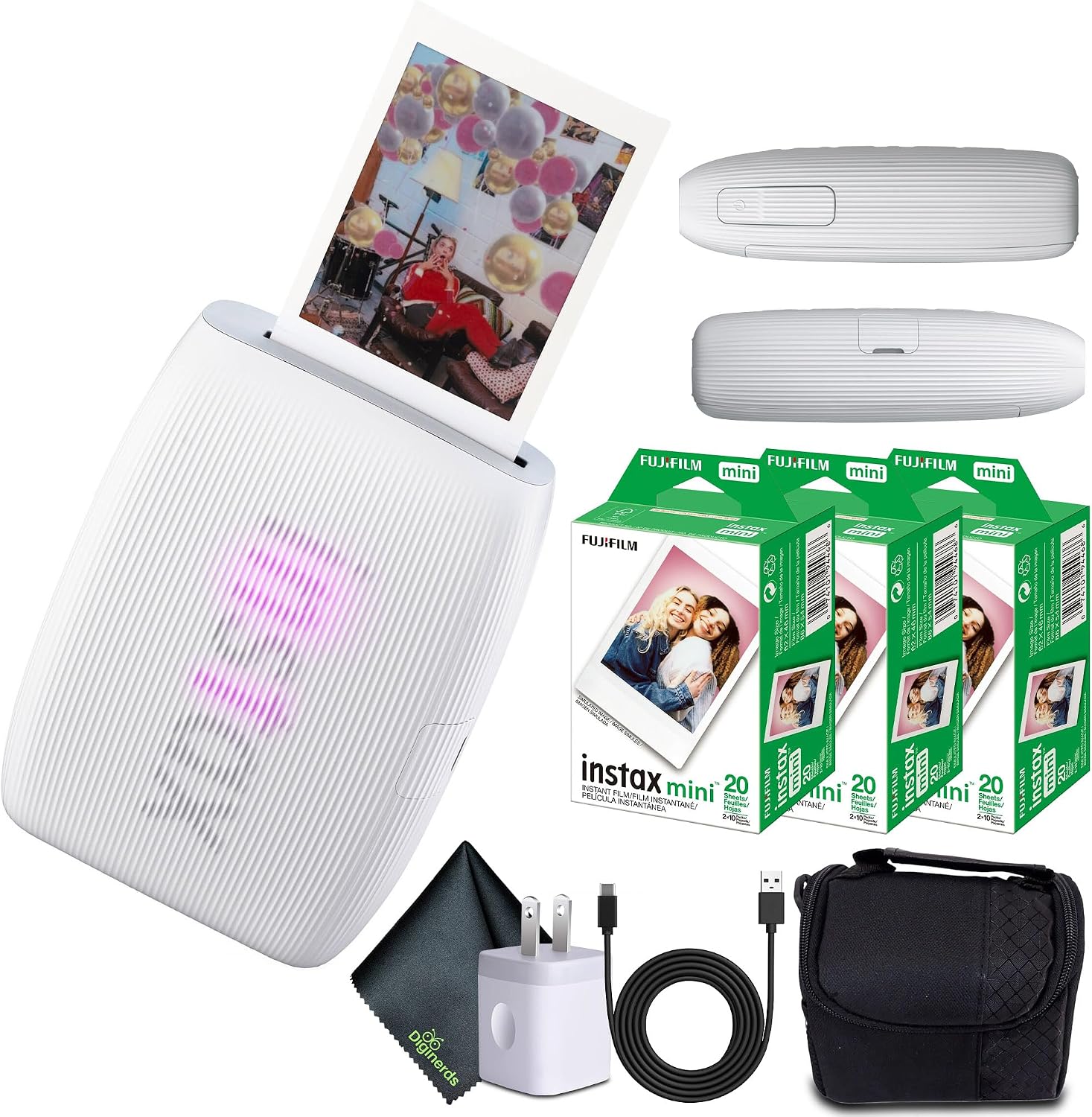 Fujifilm INSTAX MINI Link 3 Smartphone Printer (Clay White) + Travel Bag Small + 3X INSTAX MINI Instant Film (60 Sheets) + USB Power Charging Adapter + Diginerds Microfiber Cleaning Cloth