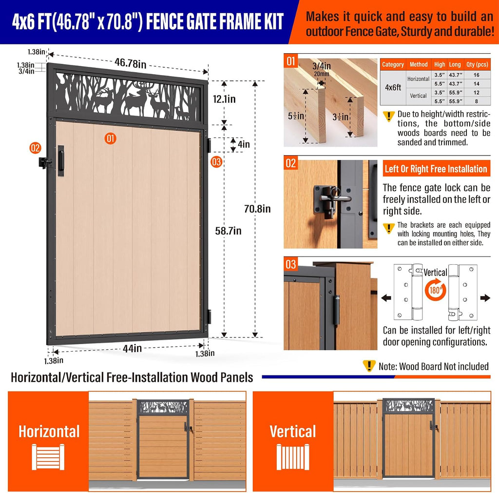 4x6FT (46.78'W X 70.8'H) 201 Stainless Steel Anti Sag Wooden Fence Gate Kit Heavy Duty Garden Gate Frame Hardware Kit Reinforcement (Left/Right Free-Installation)