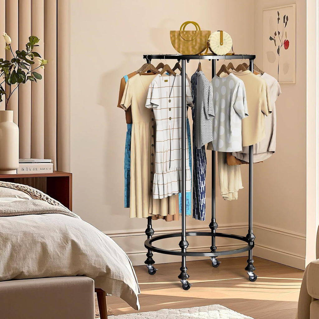Rolling Round Garment Rack, Freestanding Double Space Multi-Purpose Retail Clothing Rack with Wheels and Topper, Heavy Duty Commercial Clothing Organizer for Retail Boutique Bedroom (Black)