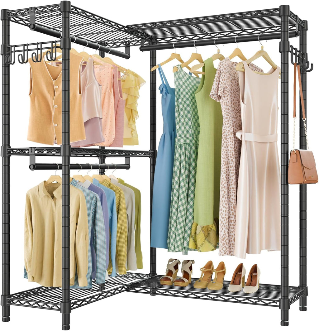 VIPEK L4 Clothes Rack L Shaped Garment Rack for Corner, 810lbs Heavy Duty Portable Closet Metal Clothing Rack, Adjustable Shelving/Sturdy Hanging Rods/Side Hooks, Black