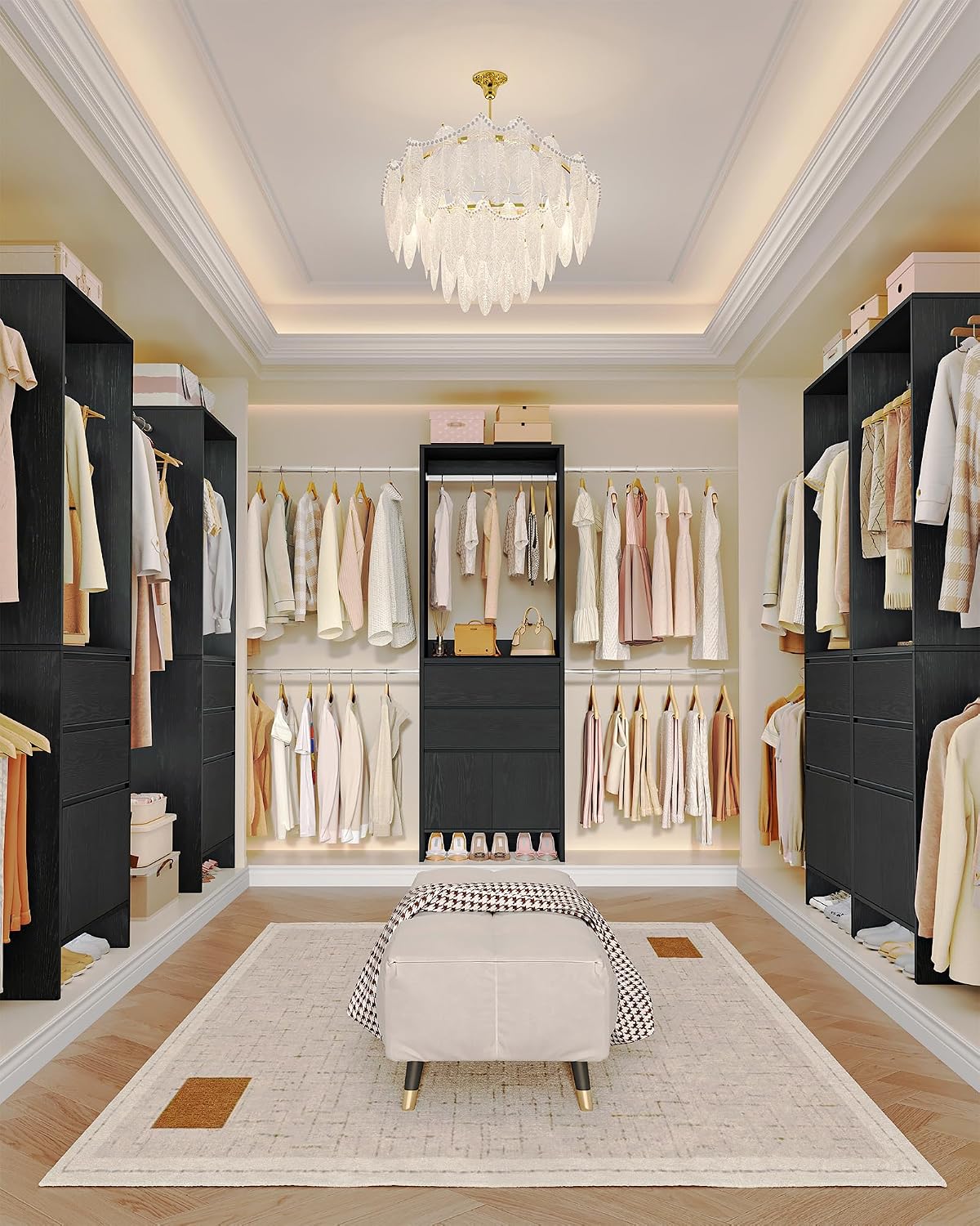 Hzuaneri Closet System with 2 Drawers, Walk-in Closet Organizer System Wooden Storage Systems with 4 Hang Rods & Shoe Cabinet, Wardrobe Clothes Rack Garment Rack Fits Spaces 6-10 ft, Black MC00104B