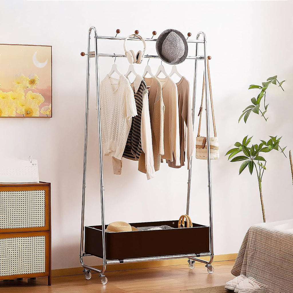 32in Modern Minimalist Coat Rack Stand Metal Garment Rack Features Solid Wood Storage Basket And 4 Wheels Floor Standing Clothes Rack Organizer For Bedrooms, Living Rooms,Walnut finish,32.3in