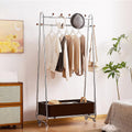32in Modern Minimalist Coat Rack Stand Metal Garment Rack Features Solid Wood Storage Basket And 4 Wheels Floor Standing Clothes Rack Organizer For Bedrooms, Living Rooms,Walnut finish,32.3in