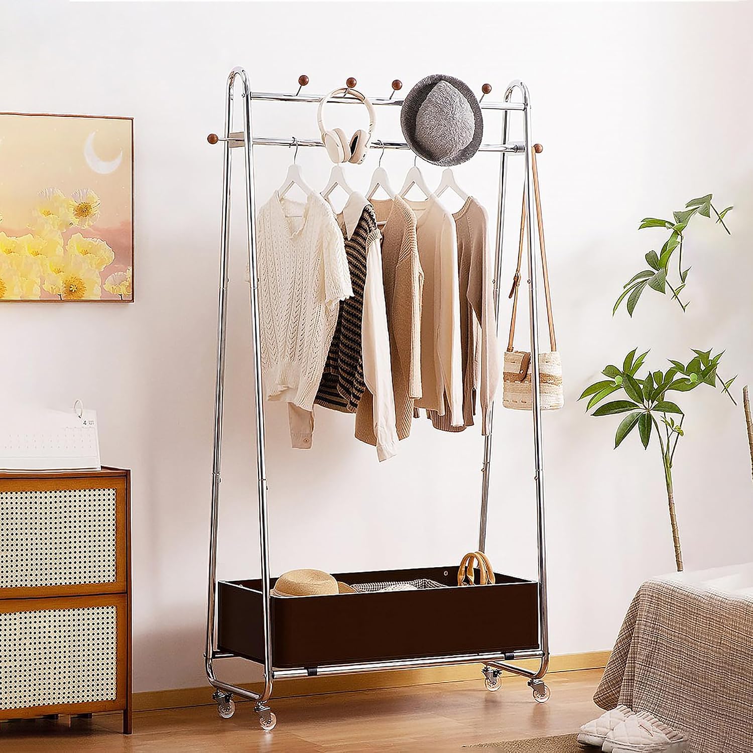32in Modern Minimalist Coat Rack Stand Metal Garment Rack Features Solid Wood Storage Basket And 4 Wheels Floor Standing Clothes Rack Organizer For Bedrooms, Living Rooms,Walnut finish,32.3in