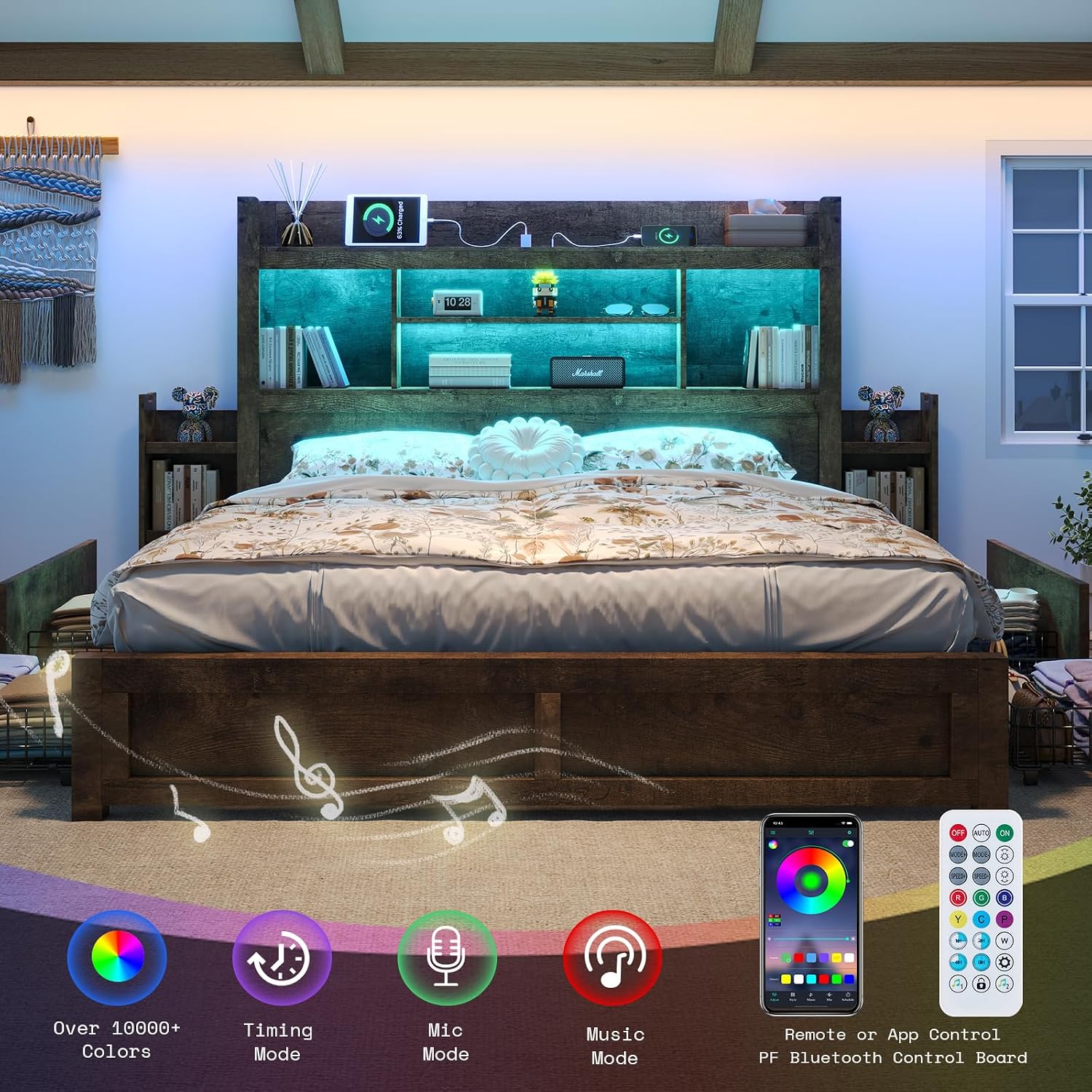 LUXOAK King Bed Frame with 49.6' Bookcase Headboard & 2 Bedside Stoage Racks & 4 Drawers, Farmhouse Wood Bed Frame with RGB LED & Charging Station, No Box Spring Needed, Rustic Brown