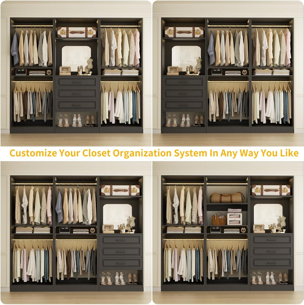 Unikito Modular Closet System with 3 Sets, 75'Closet Organizer System with Drawers, Mirror, Hanging Rods and Adjustable Shelves, Freestanding Wood Wardrobe Garment Rack, Walk in Closet Tower, Black