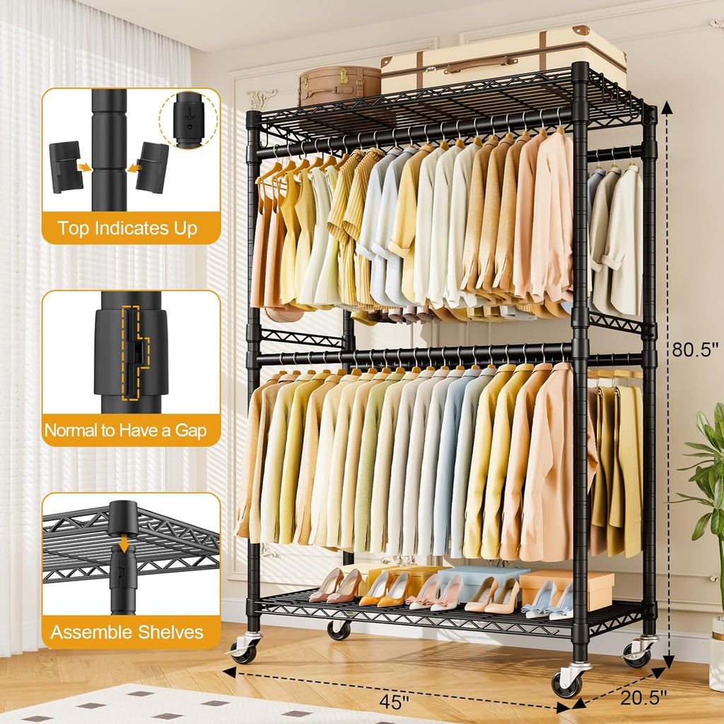 ULIFHOME P4 Plus & P7 Rolling Clothes Rack Heavy Duty, Clothing Racks for Hanging Clothes, Free Standing Garment Racks with Wheels, Portable Closet Rack 45''W × 20.5''D × 80.5''H, Black
