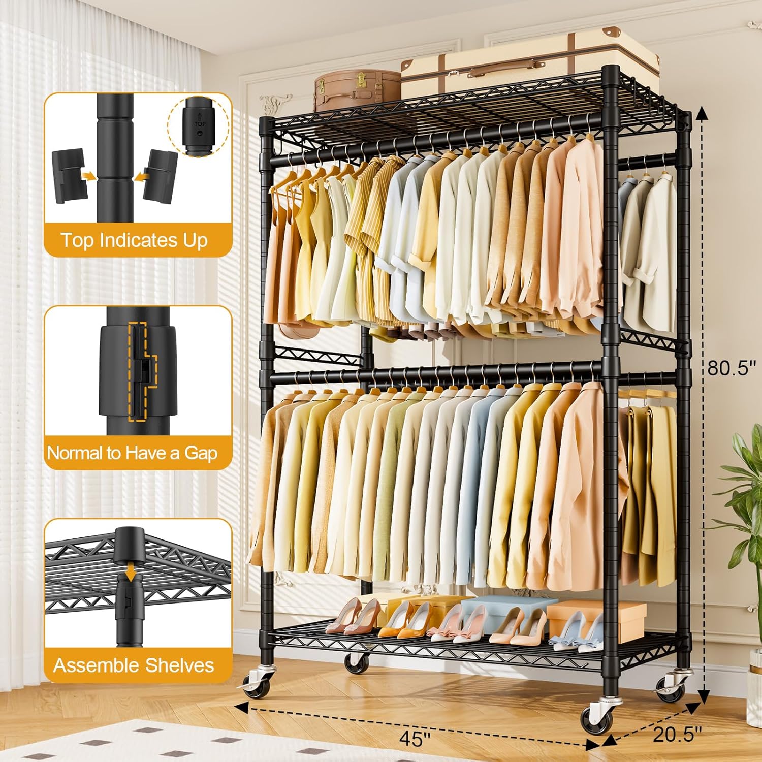 ULIFHOME P4 Plus & P7 Rolling Clothes Rack Heavy Duty, Clothing Racks for Hanging Clothes, Free Standing Garment Racks with Wheels, Portable Closet Rack 45''W × 20.5''D × 80.5''H, Black