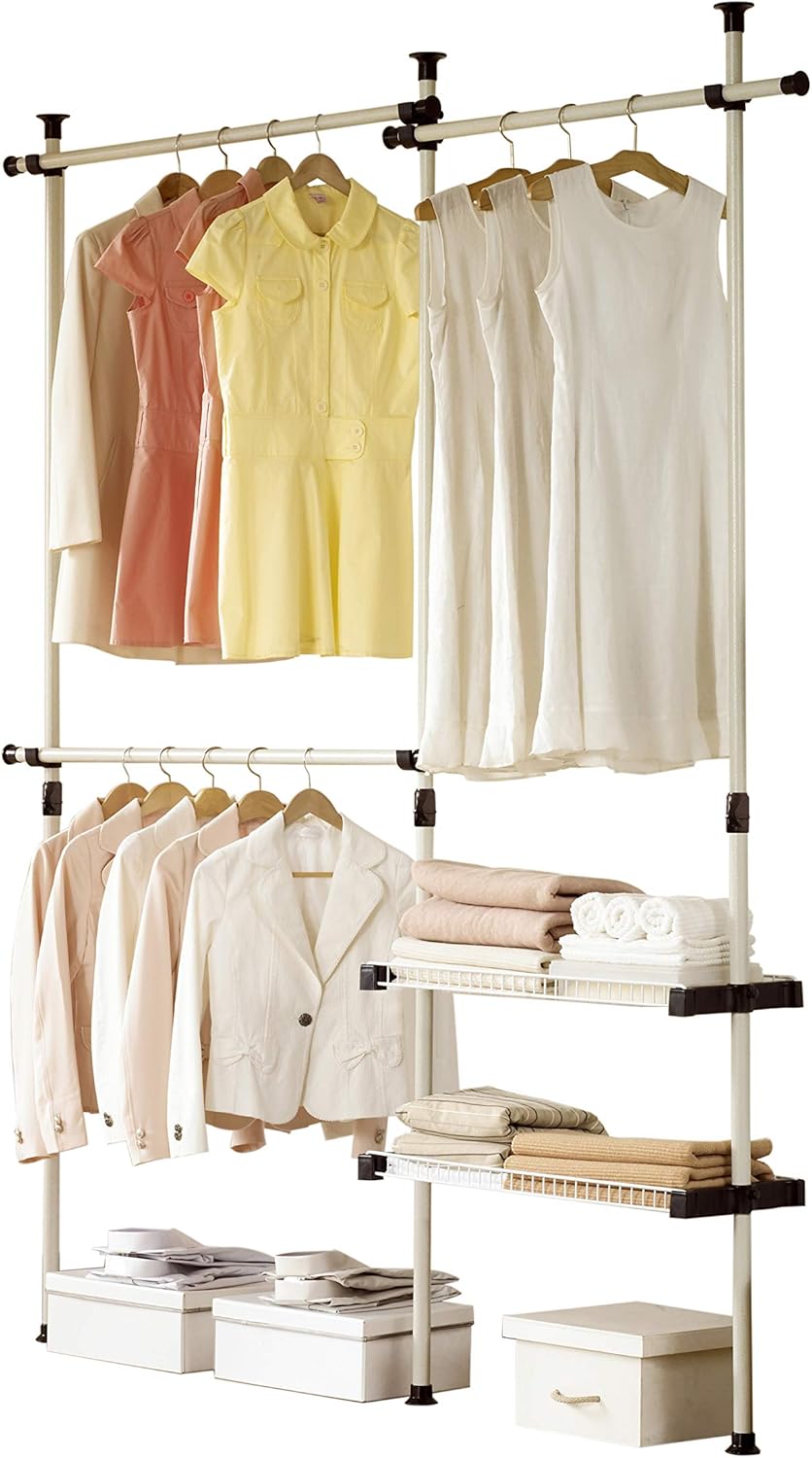 PRINCE HANGER, 4 Tier Rack Shelves Heavy Duty One Touch Load 617LBS Clothing Racks for Hanging Clothes Metal Wardrobe Closet Garment Rack Tension Rod Free Standing Ivory Height Adjustable PHUS-0053