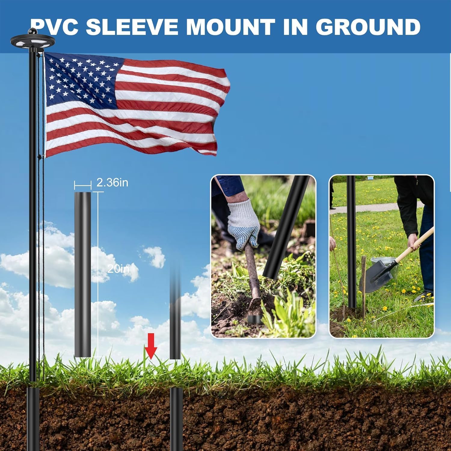 12 Gauge Extra Thick 20FT Black Flag Pole Kit with Solar Light in Ground | 12 Gauge Extra Thick Aluminum Flagpole with 3x5 TearProof Embroidered American Flag and 126 LED Light