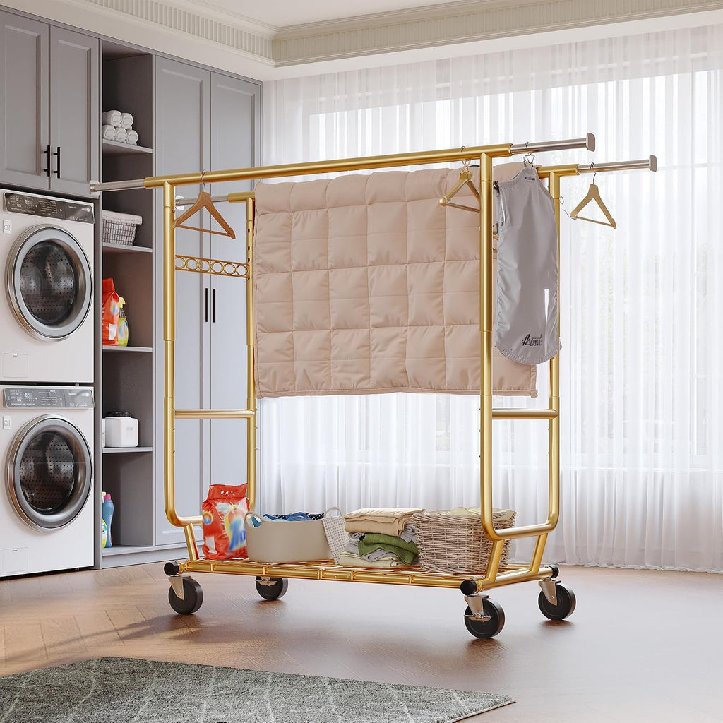 Raybee Clothes Rack Load 650LBS Heavy Duty Clothing Rack, Collapsible Clothes Racks for Hanging Clothes with Adjustable Height & Double Rods, Commercial Garment Rack with Wheels, Easy Assembly, Gold