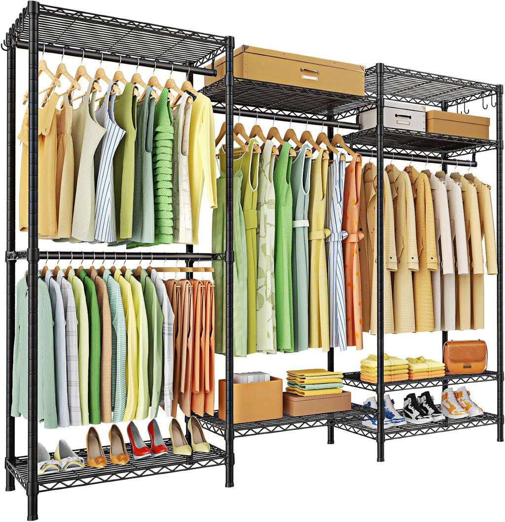 Ulif E13 Heavy Duty Clothes Rack（With 4 Hanger Rods & 8 Shelves） Freestanding Clothing Racks for Hanging Clothes，Adjustable Closet Organizer，Metal Garment Rack 63' W x16 D x77 H，Max Load 900LBS，Black