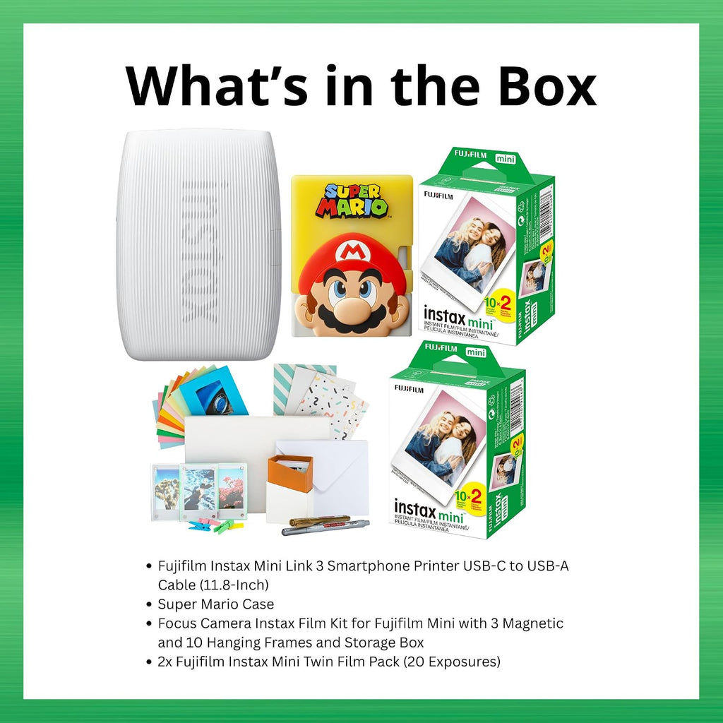 Fujifilm Instax Mini Link 3 Smartphone Printer with Super Mario Case (Clay White) Bundle with 20 Exposure Film (2 Pack) and Accessories Kit (4-Items)
