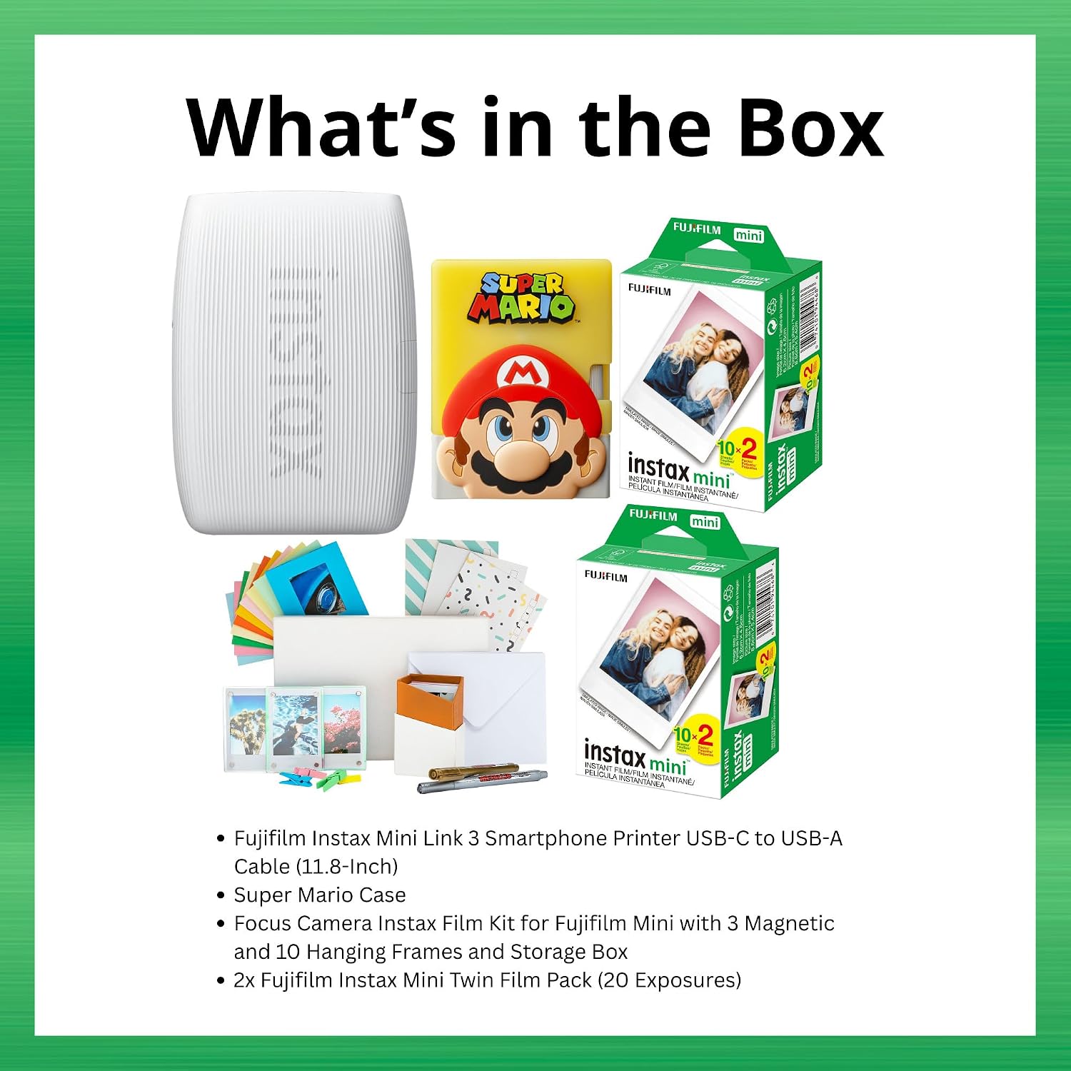 Fujifilm Instax Mini Link 3 Smartphone Printer with Super Mario Case (Clay White) Bundle with 20 Exposure Film (2 Pack) and Accessories Kit (4-Items)