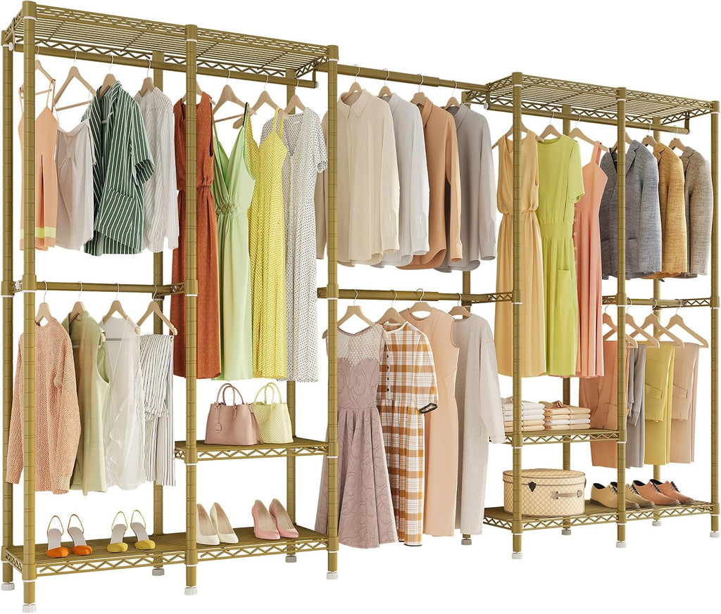 Higeego H5 Pro Heavy Duty Clothes Rack Wardrobe Closet for Hanging Clothes, Freestanding Garment Rack with Expandable Hanger Rods, Closet Organizer and Storage, (97.7-115.4')L x 15.7'W x 75.4'H, Gold