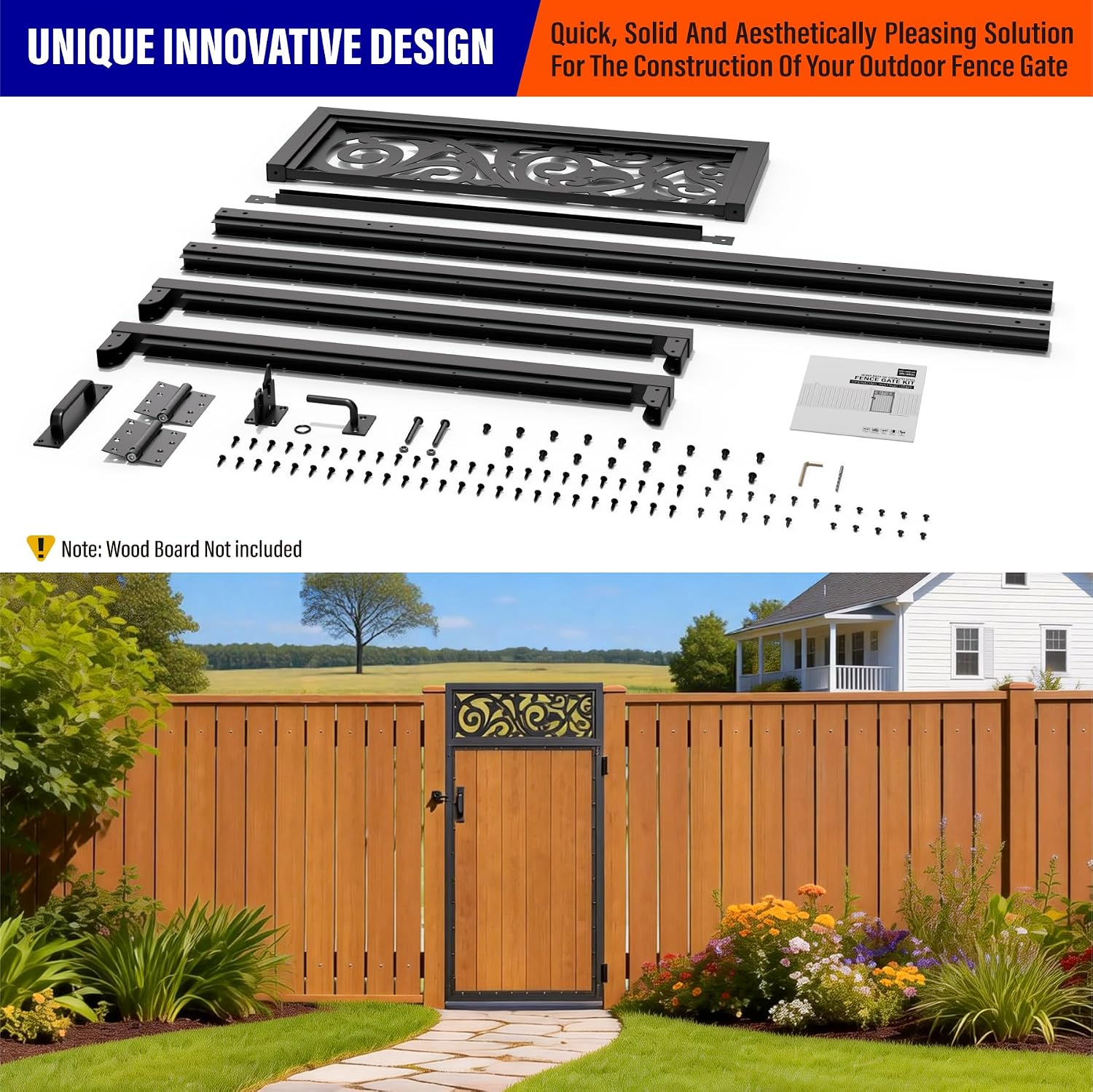 3x6FT (34.8' W X 70.8' H) 201 Stainless Steel Anti Sag Wooden Fence Gate Kit Heavy Duty Garden Gate Frame Hardware Kit Reinforcement (Left/Right Free-Installation)