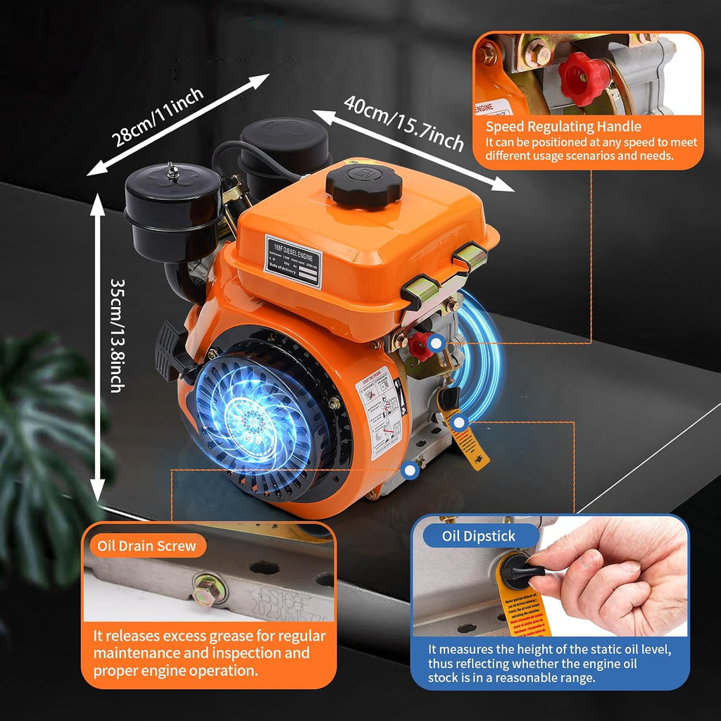196CC 4 Stroke Diesel Engine, 168F 2200W Single Cylinder Air Cooled Diesel Engine, Small Diesel Engine Manual Start Single-Valve Fuel Injection for Water Pumps Cultivators Tiller