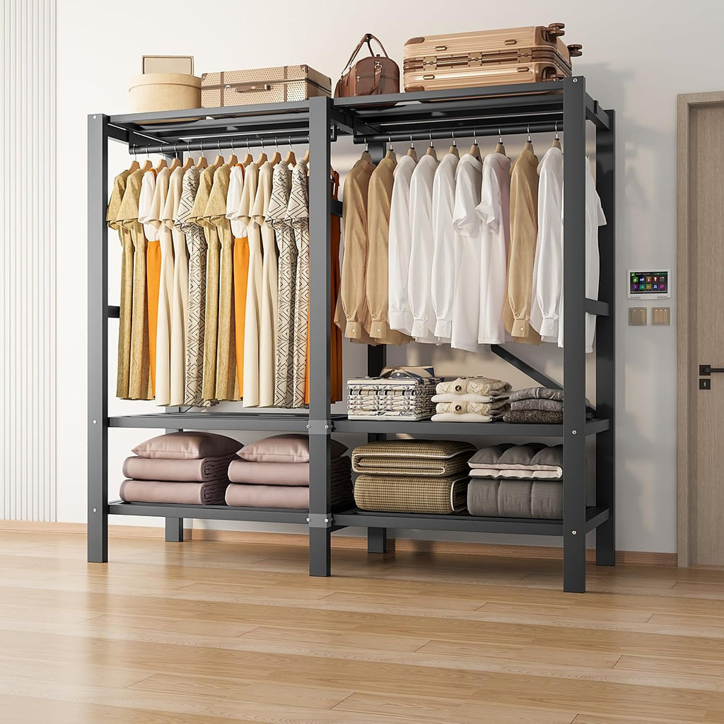 Heavy Duty Portable Closet Wardrobe, Garment Rack with Cover & Hanging Rods, Freestanding Wardrobe with Magnetic Door, Metal Closet Rack for Hanging Clothes (Door Design C, 70.9''/180cm)
