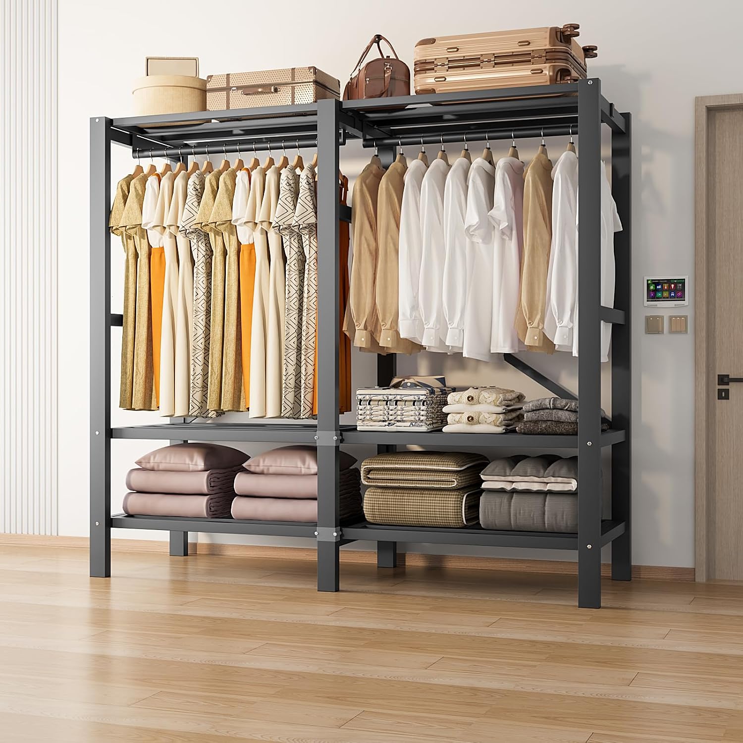 Heavy Duty Portable Closet Wardrobe, Garment Rack with Cover & Hanging Rods, Freestanding Wardrobe with Magnetic Door, Metal Closet Rack for Hanging Clothes (Door Design C, 70.9''/180cm)
