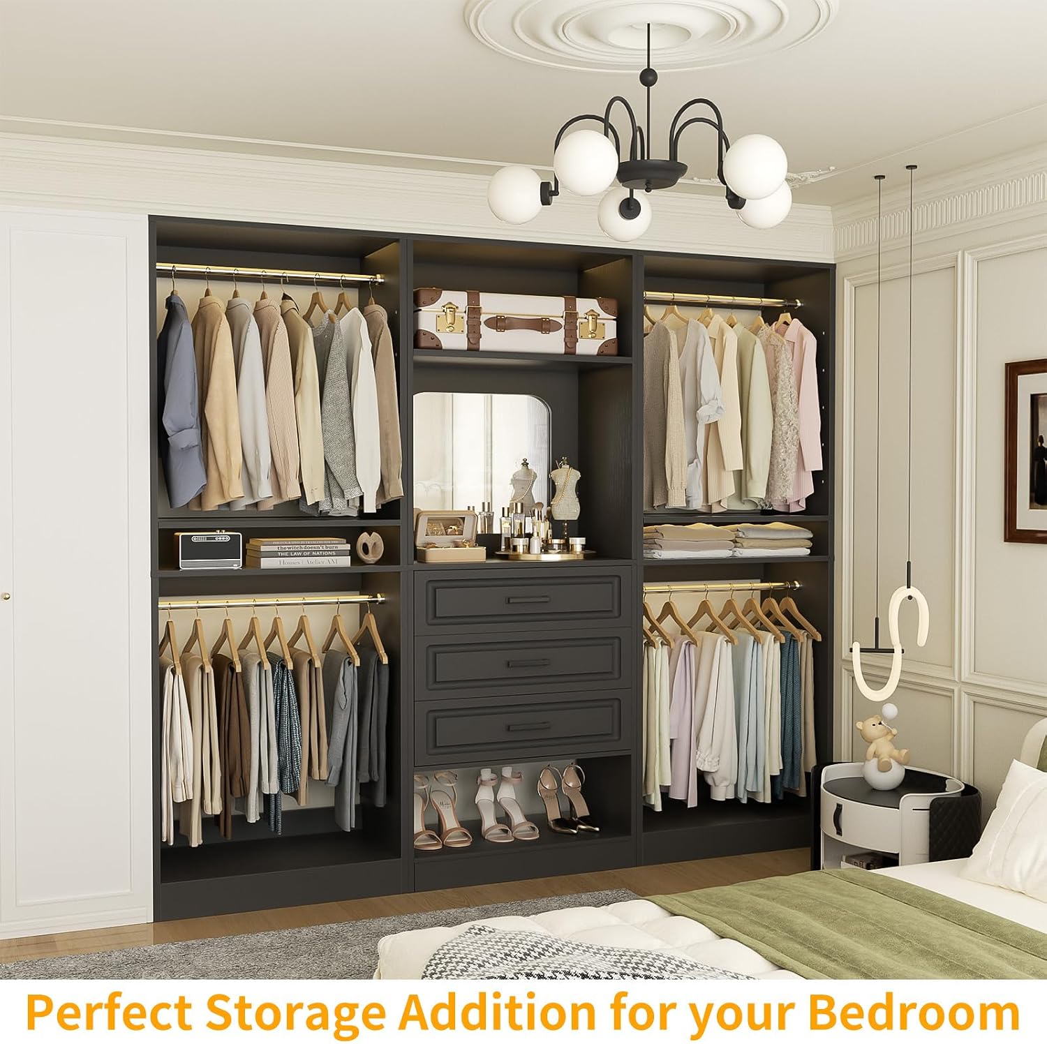Unikito Modular Closet System with 3 Sets, 75'Closet Organizer System with Drawers, Mirror, Hanging Rods and Adjustable Shelves, Freestanding Wood Wardrobe Garment Rack, Walk in Closet Tower, Black